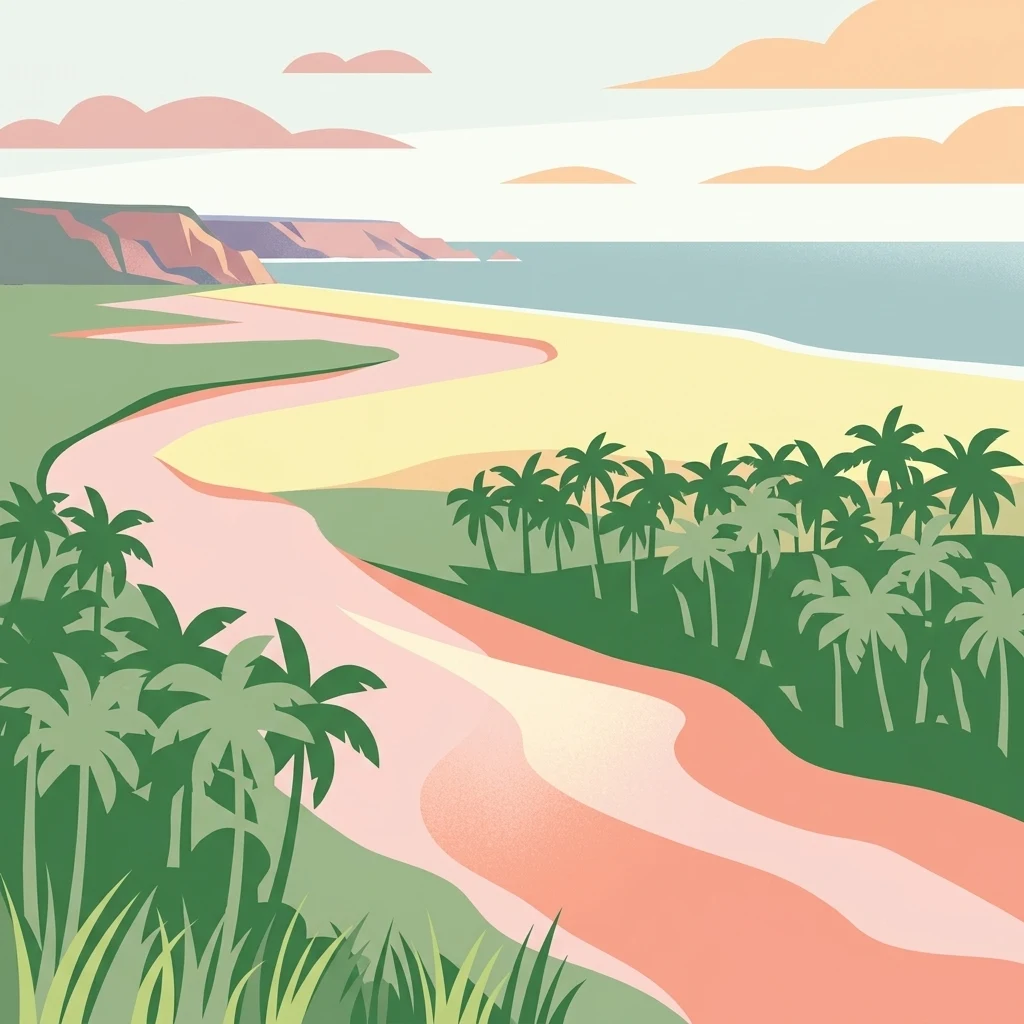 A stylized vector illustration of a tropical coastal scene featuring a winding river, palm trees, a sandy beach, and calm waters under a soft sky.
