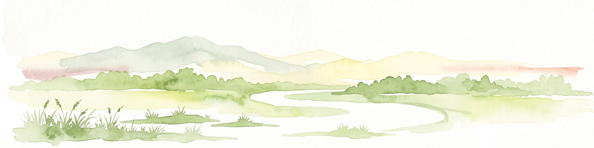 Una pintura horizontal en acuarela que representa un río serpenteante fluyendo a través de un paisaje verde y frondoso con colinas distantes bajo un cielo claro.