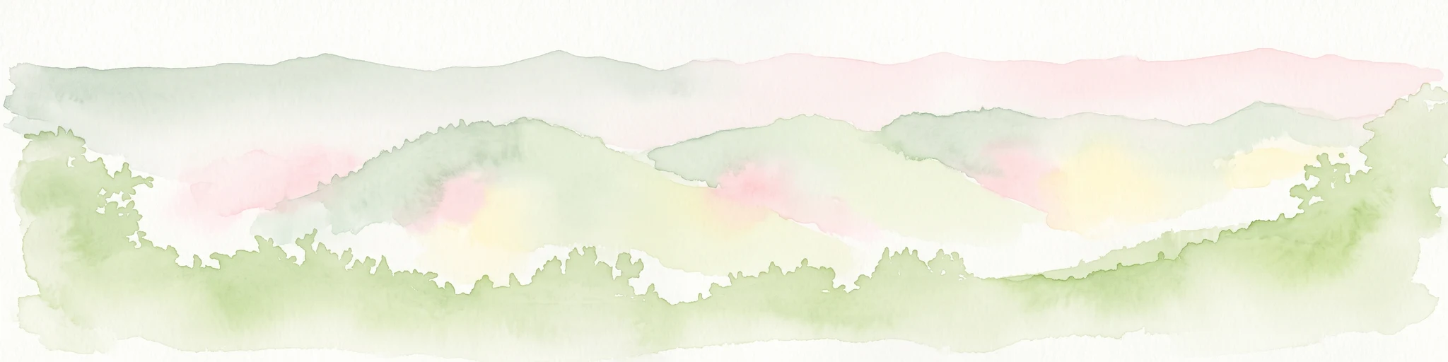 Watercolor painting showing layers of soft green hills and mountain ridges fading into a light hazy background.