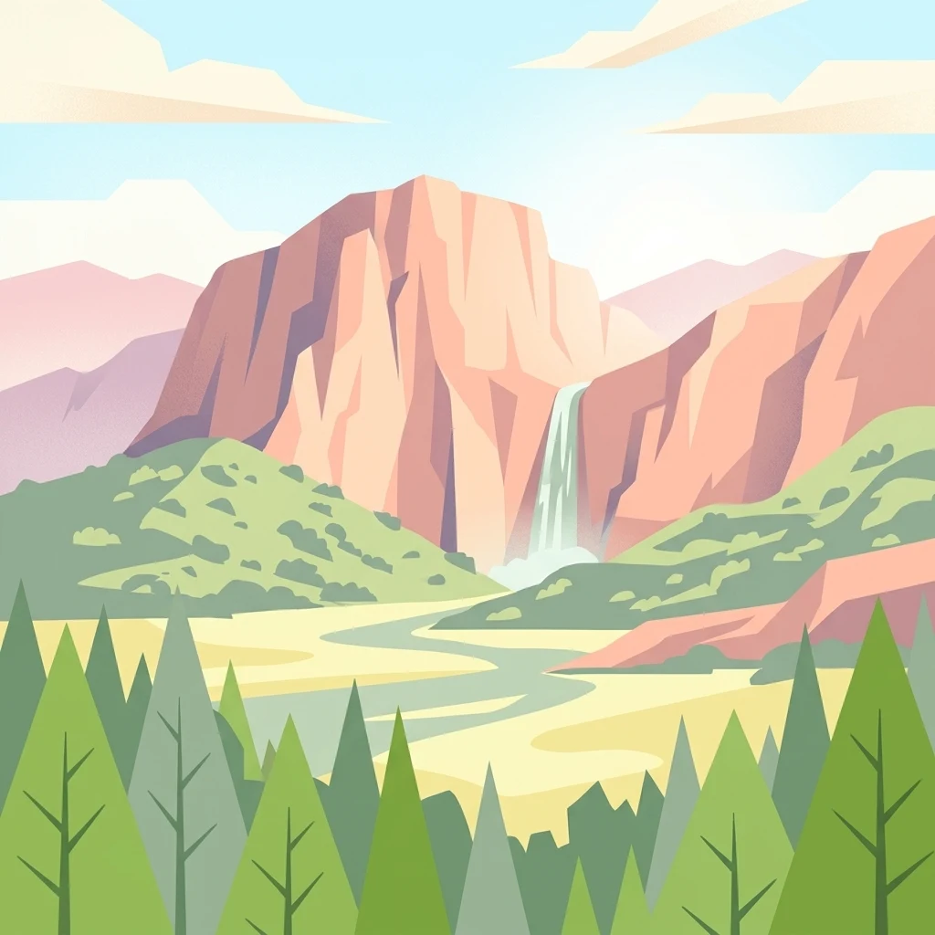 A flat-style digital illustration showing a dramatic mountain landscape with a vertical waterfall, a winding river, and a foreground of coniferous trees.