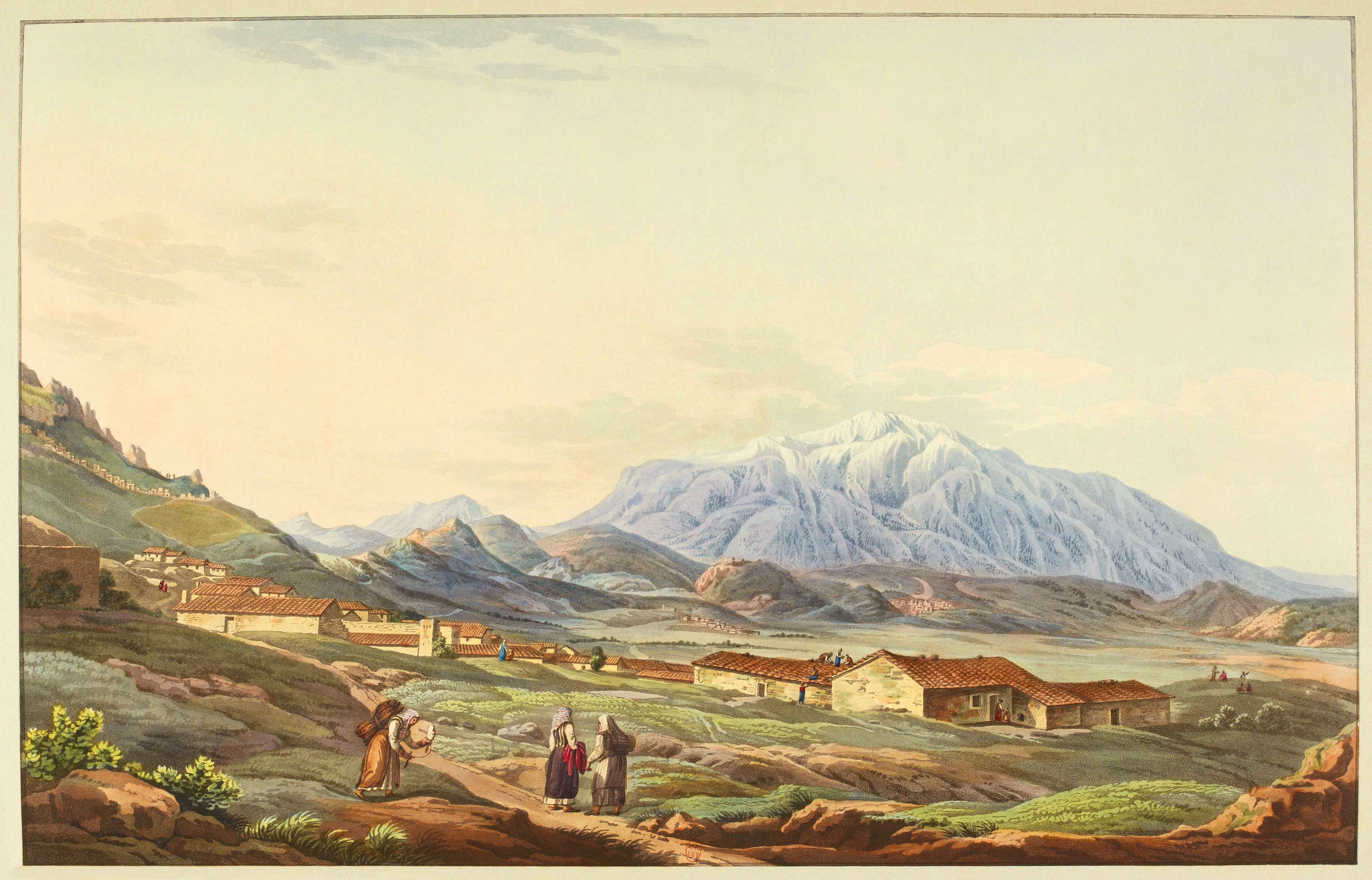 A historical watercolor painting depicting a mountain range in the background, with a small village and people walking along a dirt path in the foreground.