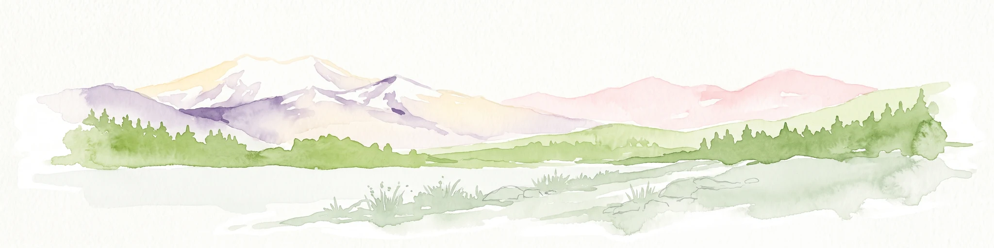 A soft, watercolor painting of a mountain range in the distance, featuring a band of evergreen trees in the midground and a grassy foreground on a plain white background.