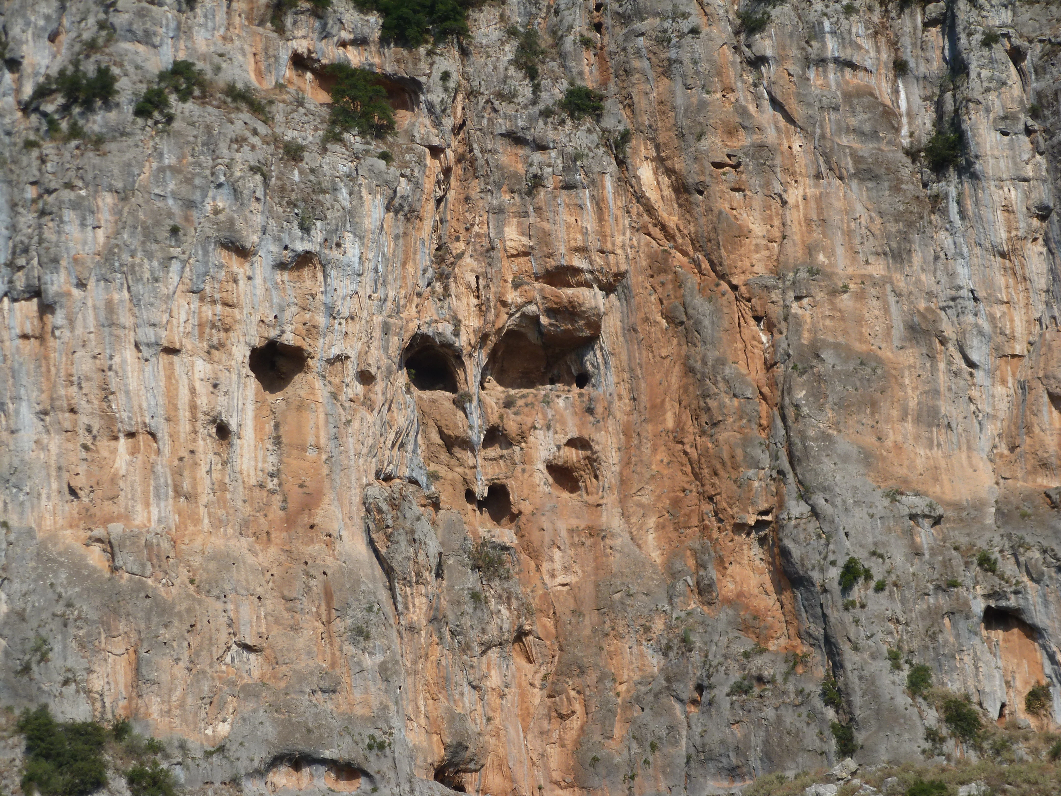A close-up view of a massive, textured limestone cliff face showing vertical cracks and small natural cave openings.
