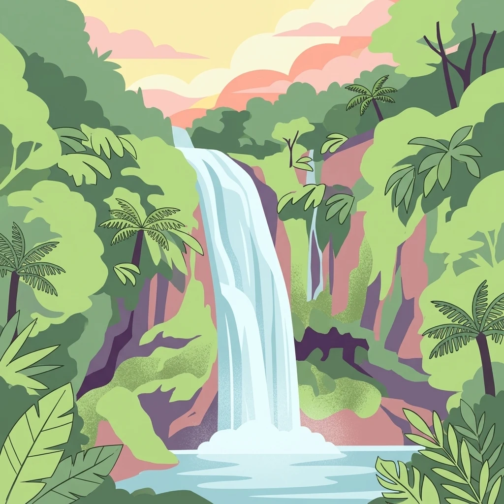 A stylized flat vector illustration of a tall waterfall cascading down into a pool, surrounded by lush green tropical foliage including palm trees under a sunrise sky.