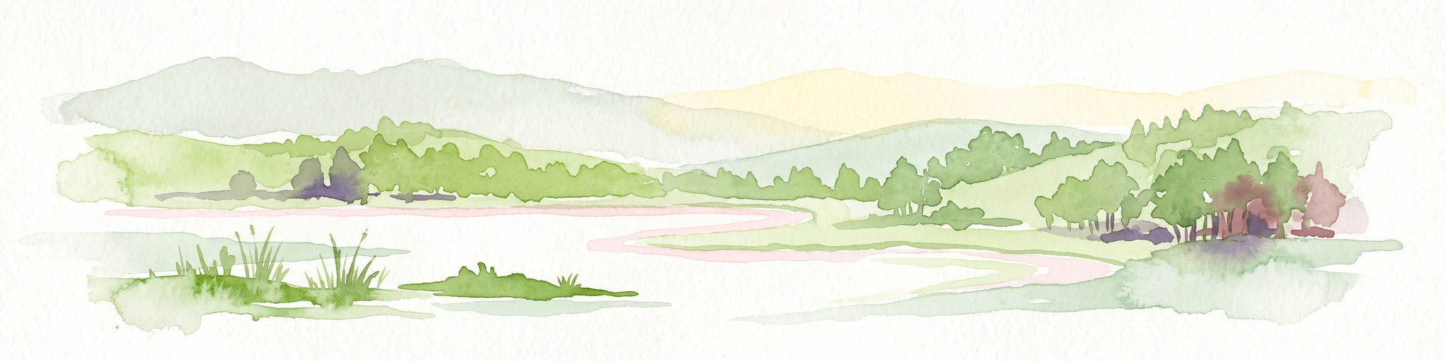 A watercolor painting showing a panoramic view of a calm lake surrounded by lush green hills and forests in Madagascar.