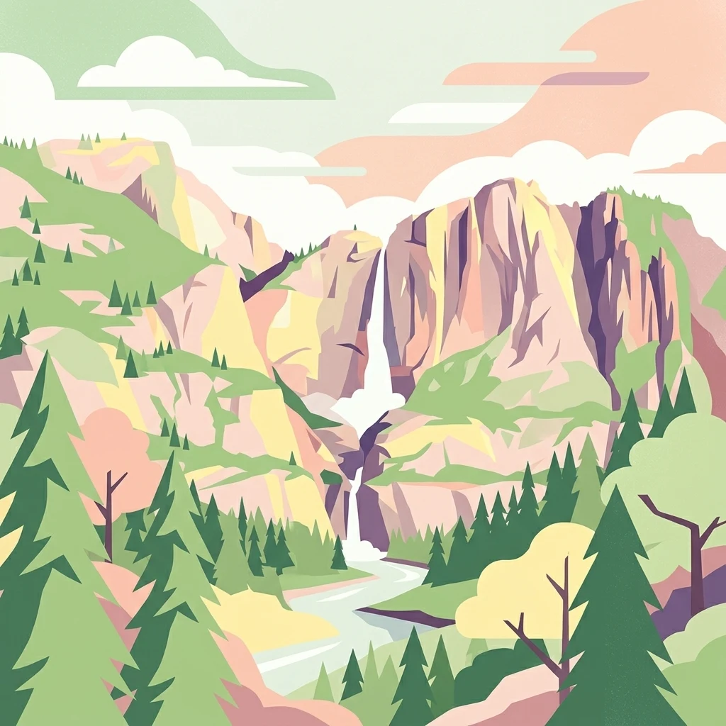 A flat-style digital illustration showing a tiered waterfall flowing down a rocky mountain face, surrounded by stylized coniferous forests and a winding river.
