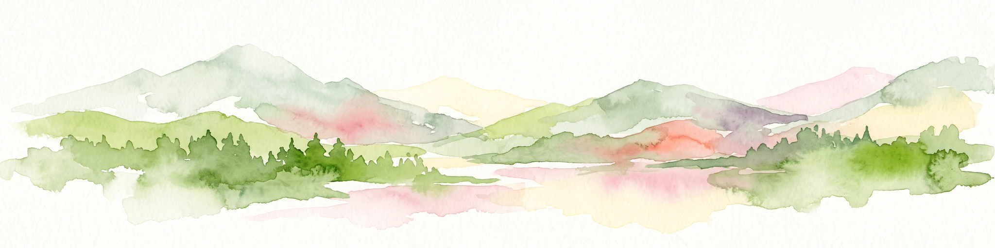 Ilustración en acuarela de colinas verdes onduladas estilizadas y una línea de árboles en tonos de verde, rosa y amarillo suave.