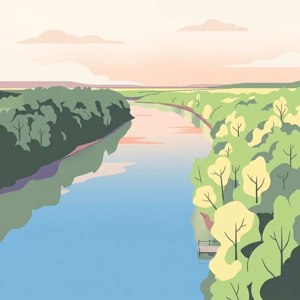 Digital illustration of a wide river flowing through a lush, forested landscape at sunset, featuring soft pastel tones and a small dock on the bank.