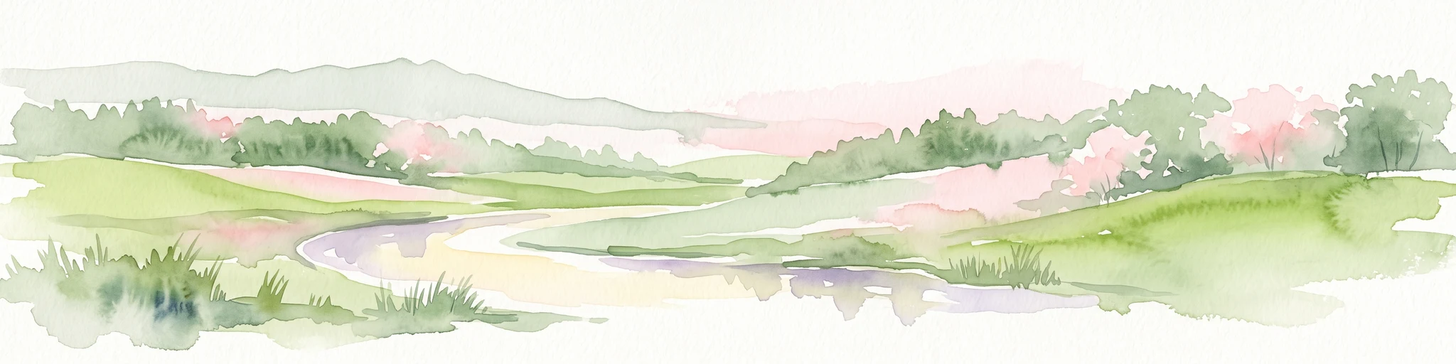 Una pintura horizontal en acuarela que representa un río serpenteante que fluye a través de un paisaje verde y montañoso con árboles y una iluminación suave y pastel.