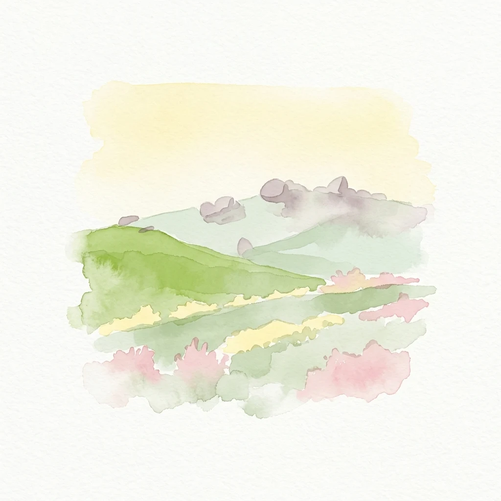 Watercolor illustration of green hills under a yellow sky with pink and gray elements