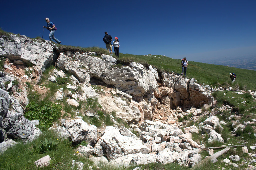 Several hikers walking along a rocky mountain trail with green vegetation under a clear blue sky