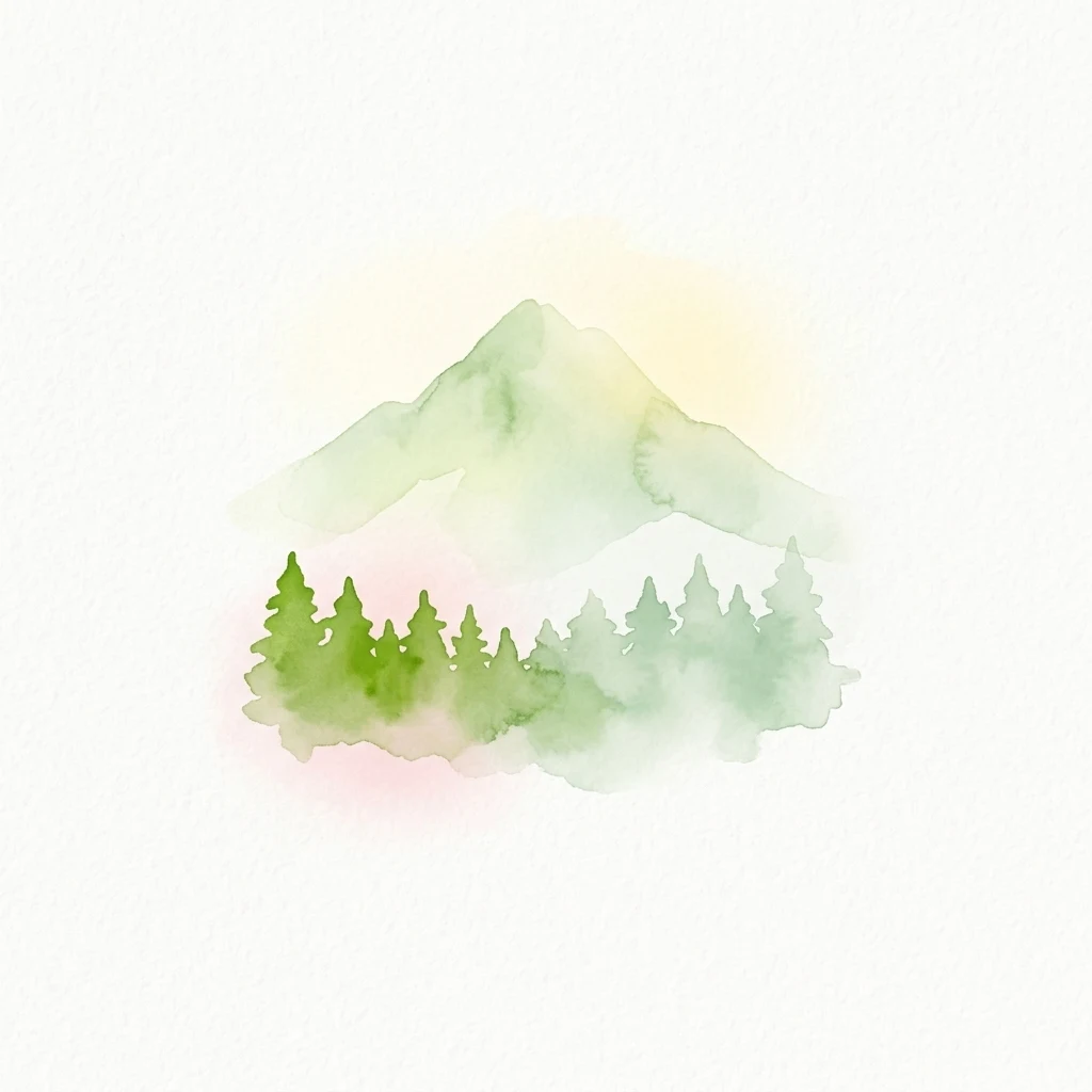 Pintura de acuarela de un pico de montaña con árboles verdes en primer plano y tonos suaves rosas y amarillos de fondo