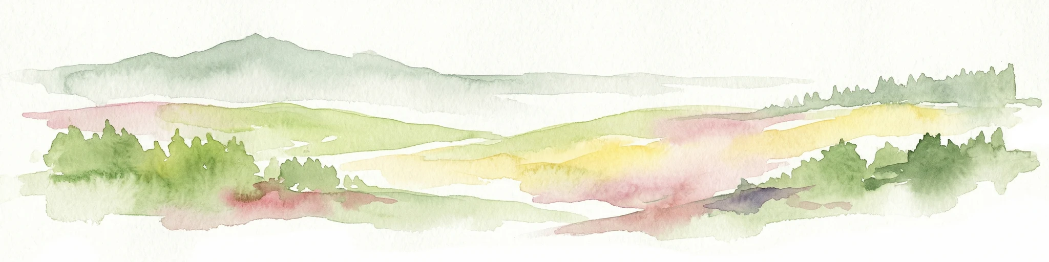 Pintura acuarela de un paisaje montañoso con terreno verde y amarillo, montañas distantes y bosques