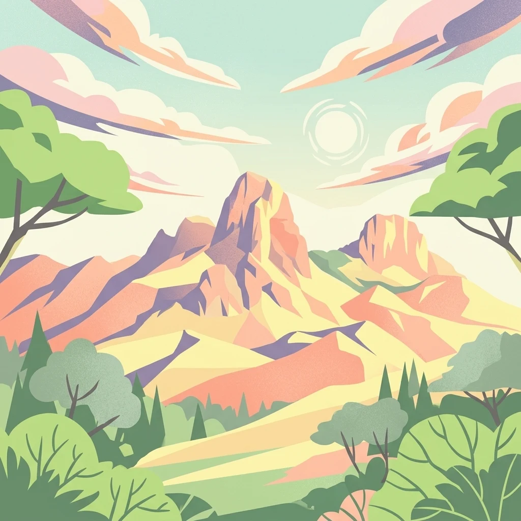 A colorful digital illustration depicting rocky, pointed limestone peaks under a soft, pastel-toned sky, framed by stylized trees in the foreground.