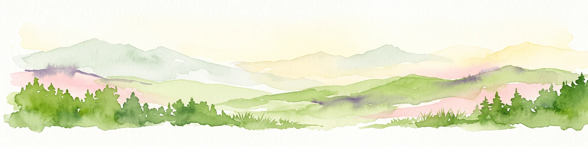 A horizontal watercolor illustration of gentle, rolling green hills and faint, distant mountains against a soft, pale background.