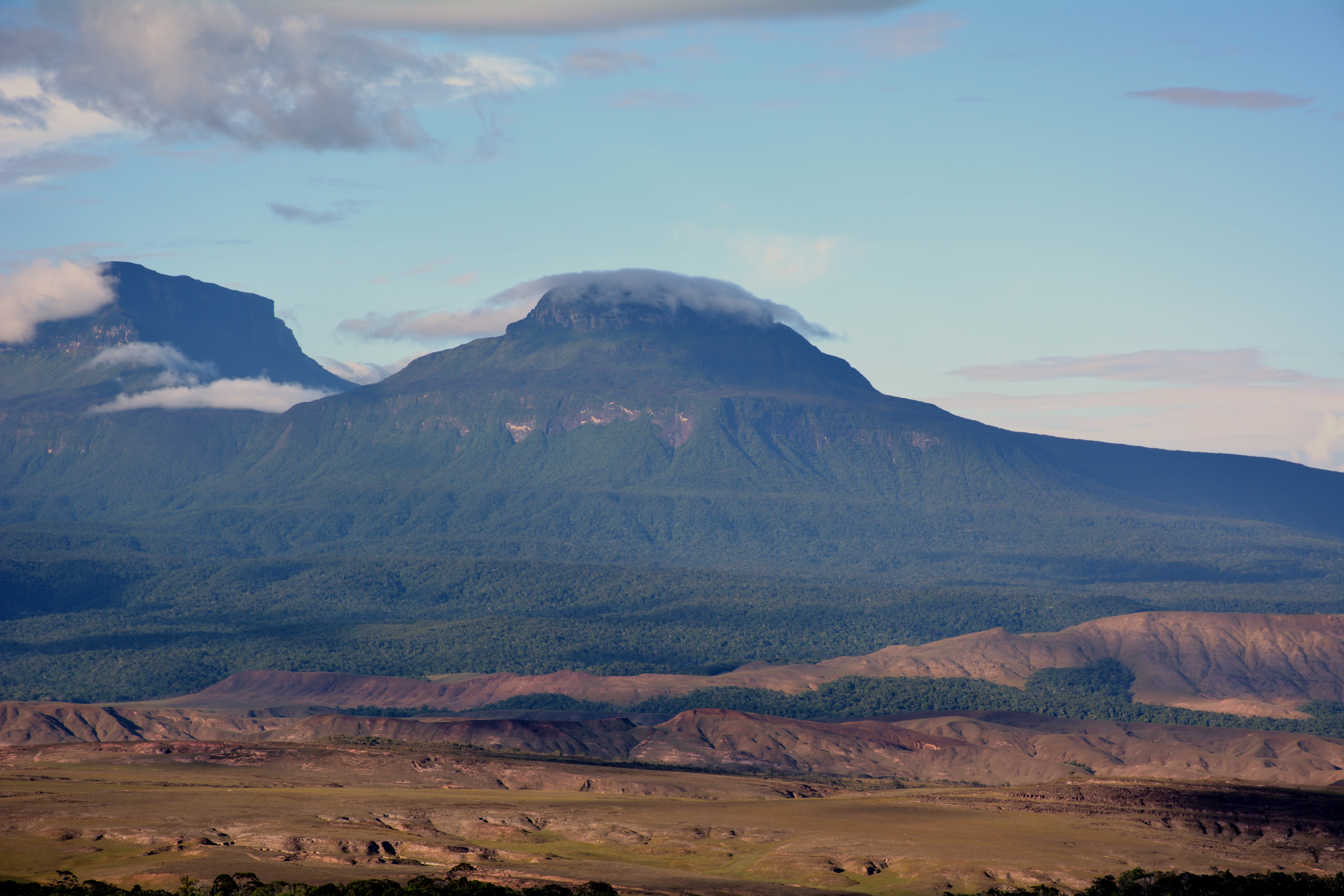 A wide shot showing the western face of the Karaurin-tepui table mountain, with a cap of clouds near the summit and a vast, arid, low-lying landscape in the foreground.