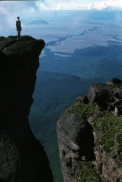 A person standing on the rocky edge of a high tepui cliff overlooking a vast landscape of forests and distant plains under a cloudy sky.
