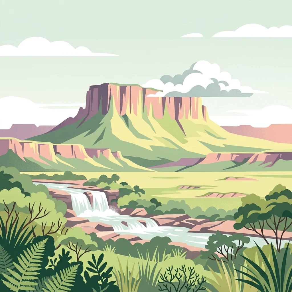 A stylized flat vector illustration of a massive, flat-topped tepuy mountain with steep vertical cliffs, overlooking a green savannah and a tiered waterfall in the foreground, with lush vegetation and clouds around the peaks.