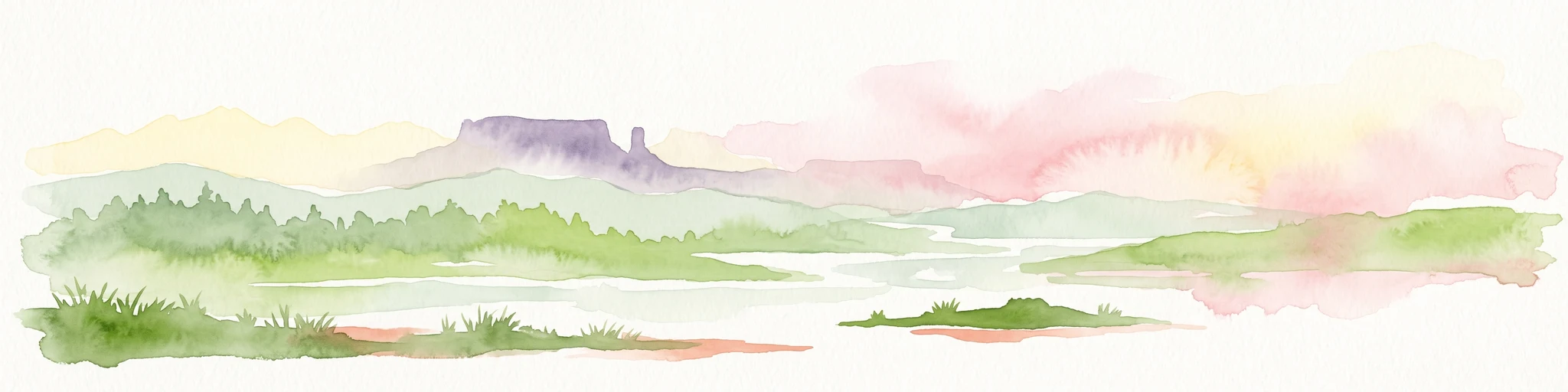 Una acuarela de un paisaje amplio con una lejana montaña tepuy, colinas verdes onduladas y un río que fluye en primer plano.