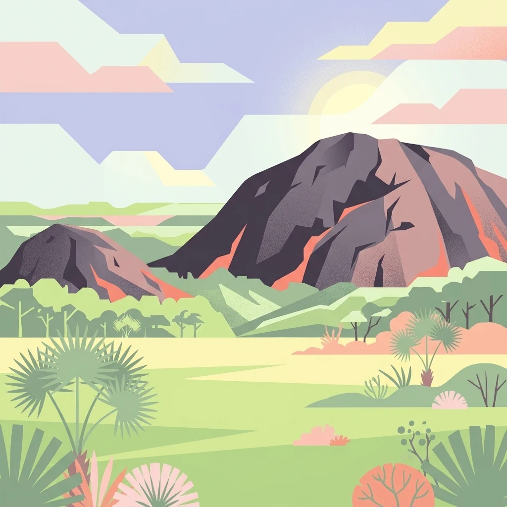 A graphic illustration featuring two large, rounded dark brown rock mountains rising above a foreground of light green tropical plants, palms, and shrubs, with a sunset sky in the background.