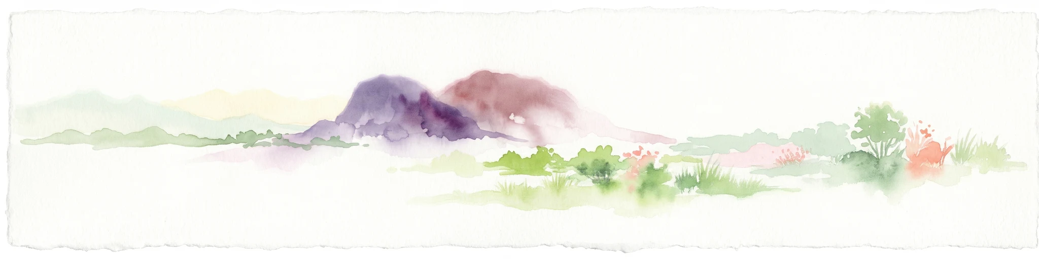 Watercolor painting of rounded granitic hills or mountains rising above a low foreground of green vegetation against a white background.