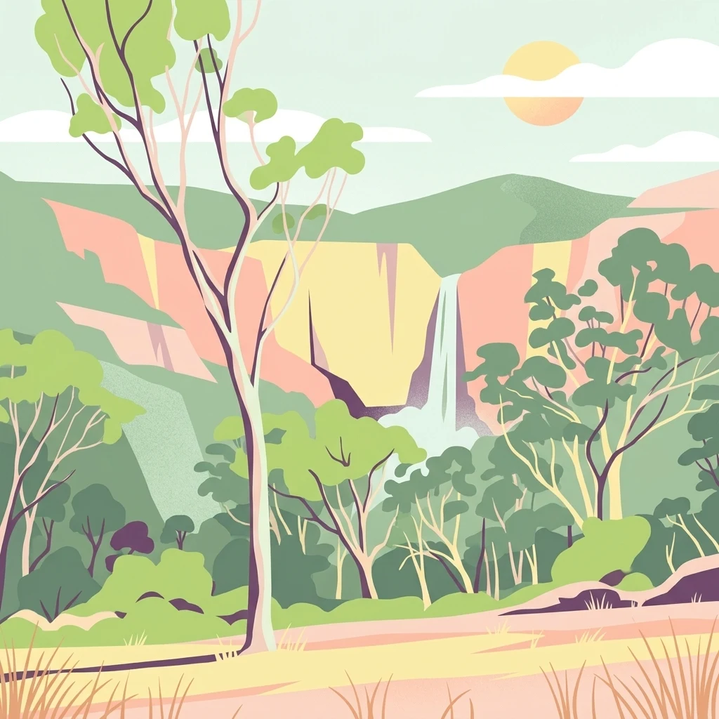 Illustrated scene showing a waterfall, trees, hills, and a sun in the sky