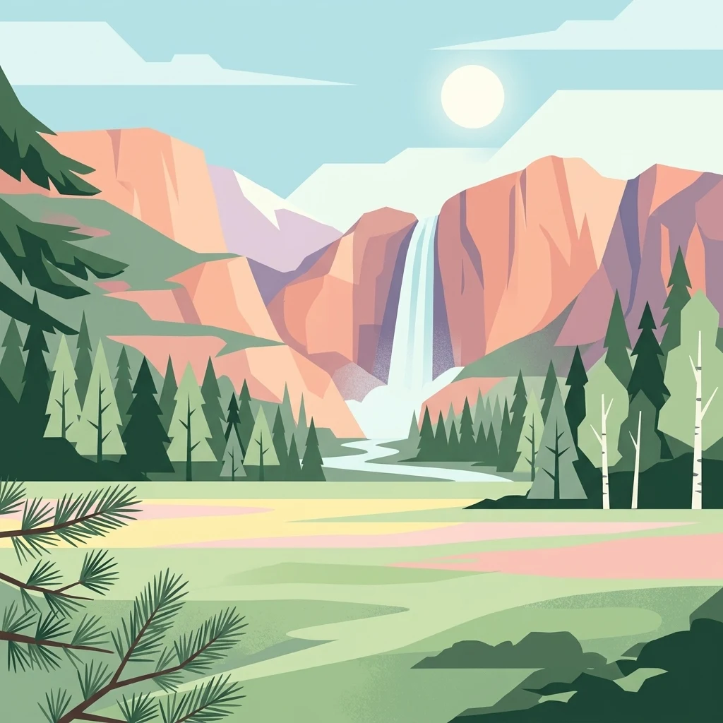 A flat-style digital illustration showing a valley floor with trees, a river leading to a waterfall, and mountain peaks under a sun.