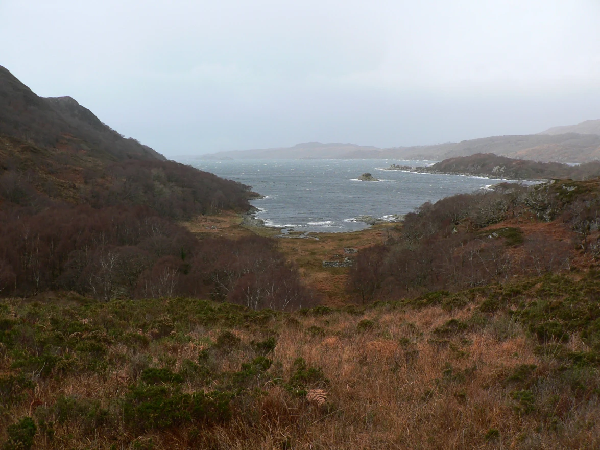 A wide angle view of a sea loch, Loch nan Uamh, surrounded by hills and autumn vegetation under an overcast sky.