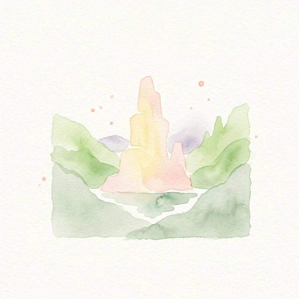 Watercolor illustration of a pink and yellow castle-like structure surrounded by green hills and a stream