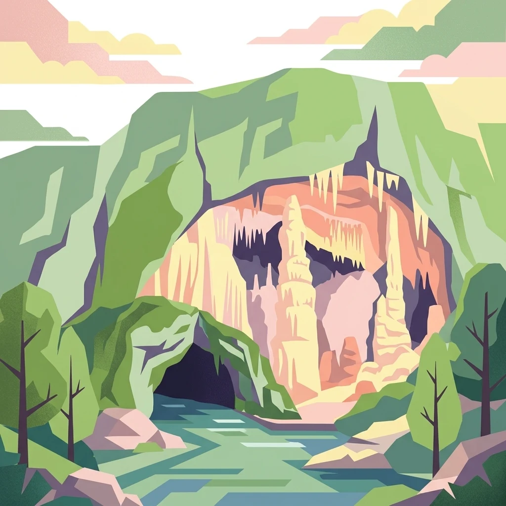 Stylized illustration showing a cave entrance with stalactites, a river, green hills, and trees