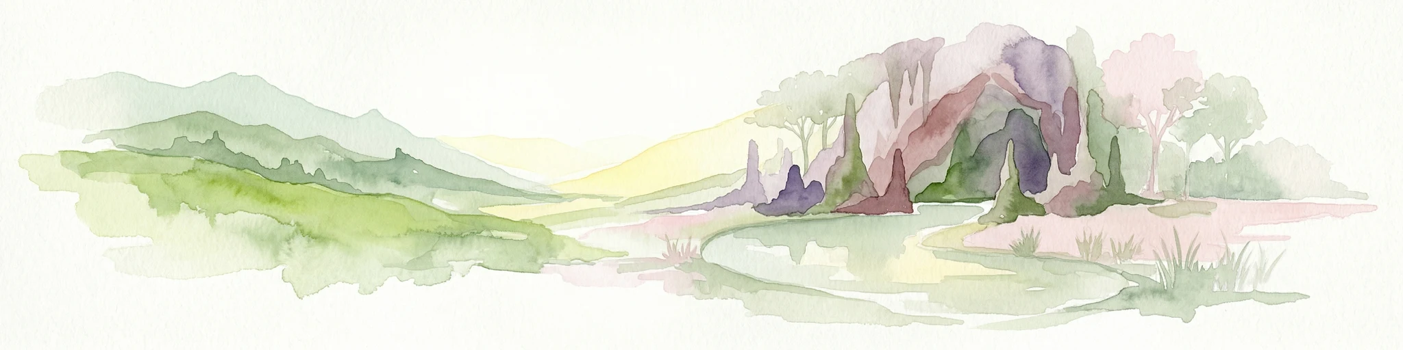Watercolor illustration of a karst landscape featuring hills, a lake, and cave-like rock formations with green vegetation