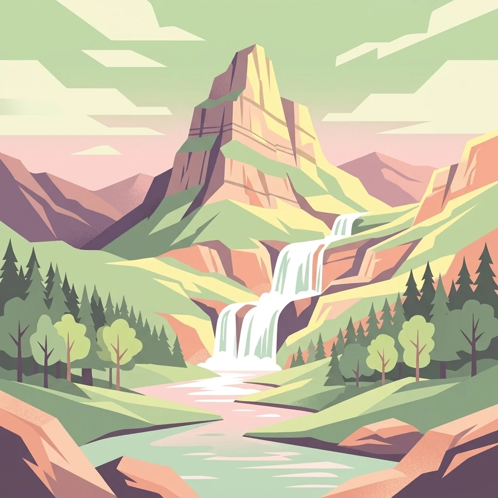 Vector-style graphic illustration showing a tall, pointed mountain with a cascading waterfall in the center, flanked by green forests and a river in the foreground.