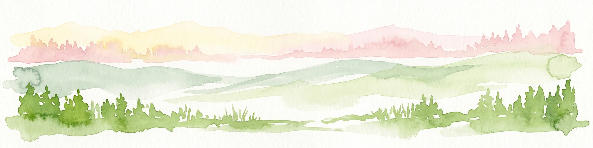 Una pintura en acuarela que muestra un paisaje horizontal con un bosque verde en primer plano y suaves colinas onduladas de color rosa pálido al fondo.