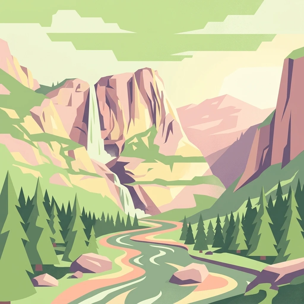 Una ilustración vectorial plana y estilizada de un valle con acantilados rocosos escarpados, una cascada fluyente, un río serpenteante y pinos.
