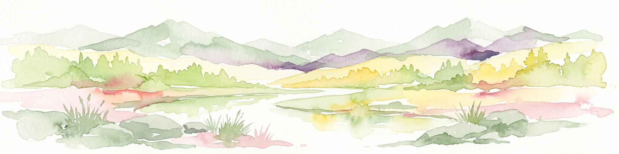 A horizontal watercolor painting showing a serene valley landscape with distant rolling mountains, a central winding river or stream, and grassy banks in soft muted colors.