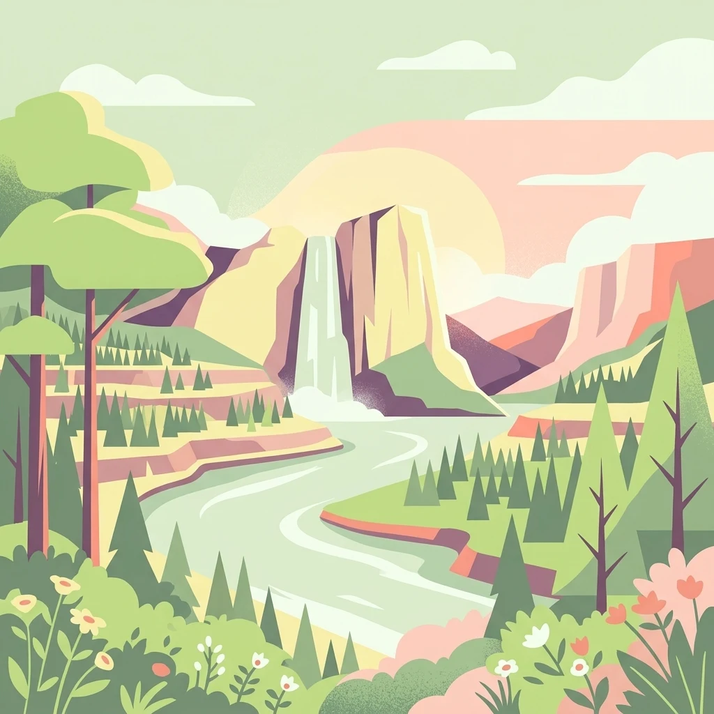 A flat-style digital illustration of a scenic valley featuring a winding river, a large waterfall cascading from a cliff, coniferous trees, and colorful wildflowers in the foreground.