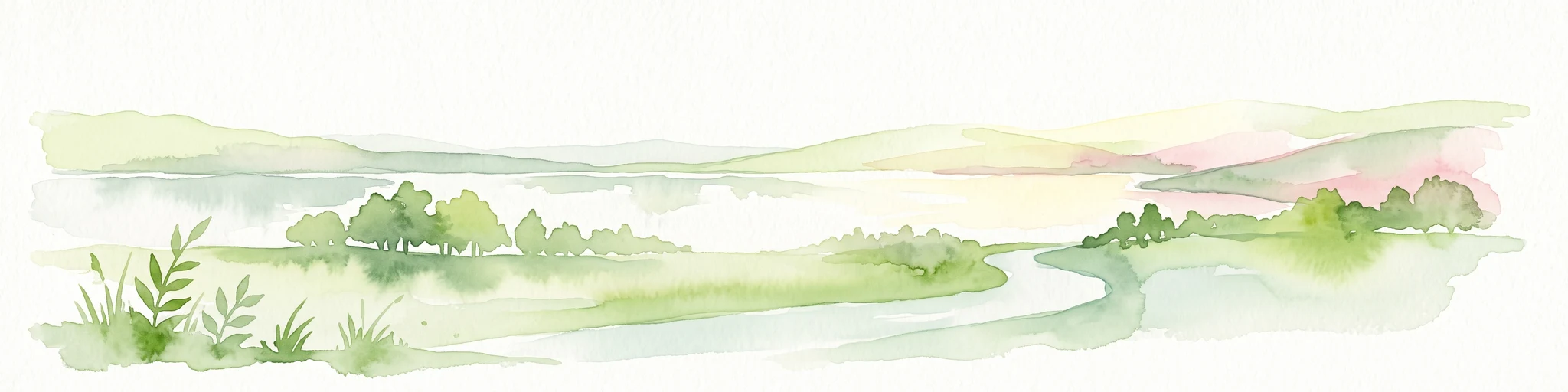 Watercolor painting of a green valley with a winding stream and gentle hills in the background.