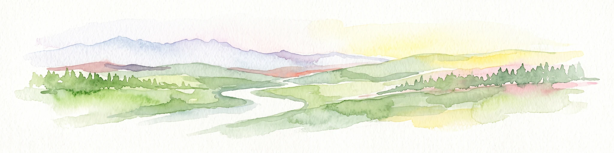 A horizontal watercolor illustration depicting rolling green hills, a forest, a winding river, and hazy distant mountains.