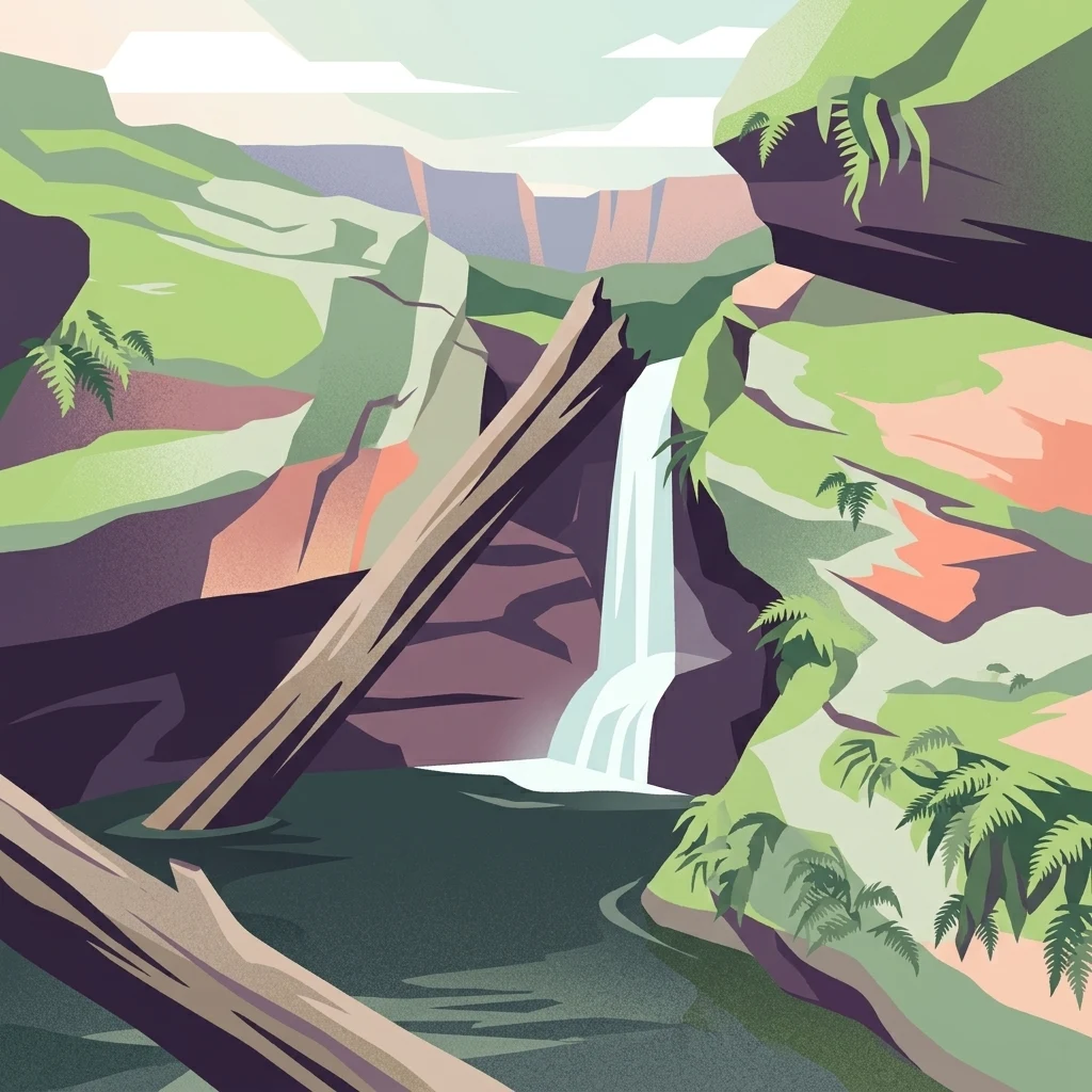 Ilustración de una cascada cayendo en una poza rodeada de acantilados rocosos y helechos verdes