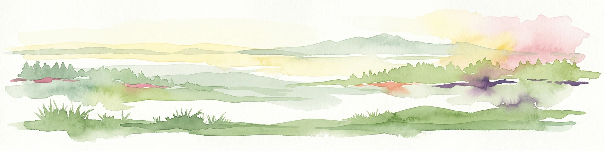 Watercolor landscape illustration showing green fields, trees, hills, and pastel sky