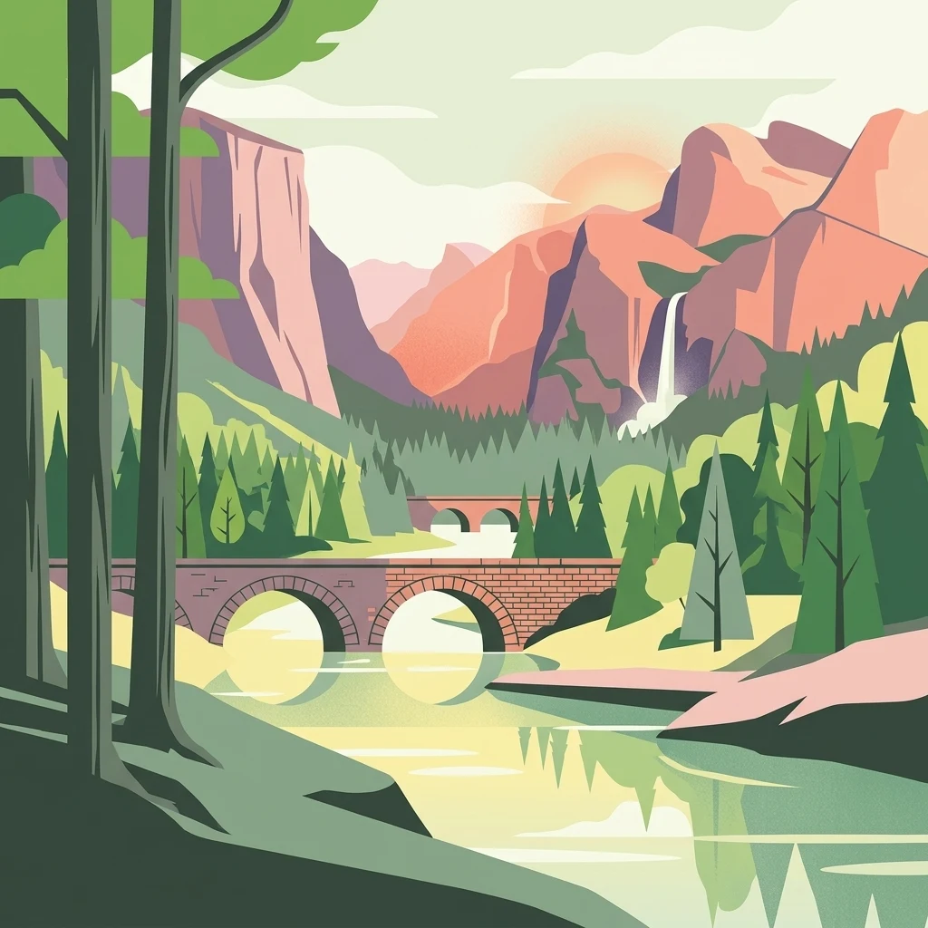 A flat-design illustration of a scenic mountain landscape featuring a river, a stone bridge with two arches, tall evergreen trees, and a distant waterfall at sunset.