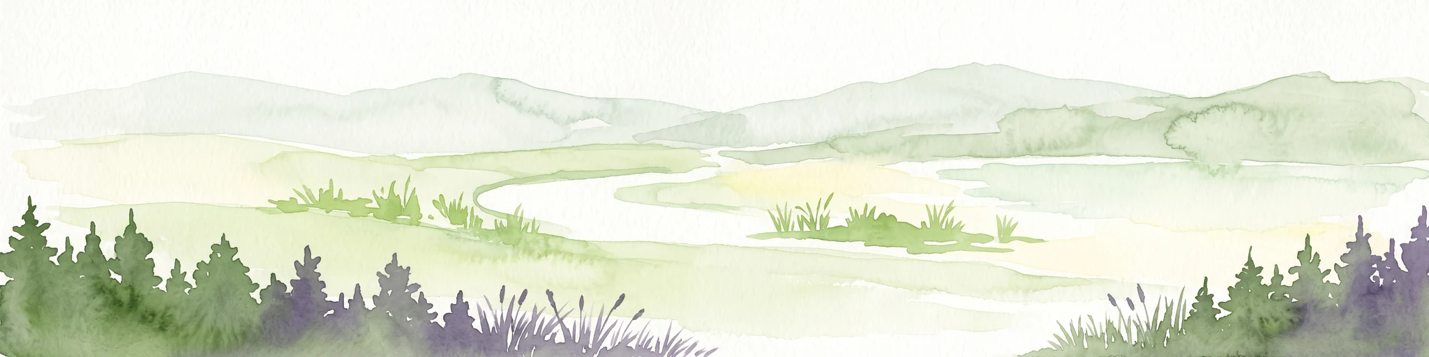 A soft watercolor illustration of a winding river flowing through a green valley with forested hills in the background.
