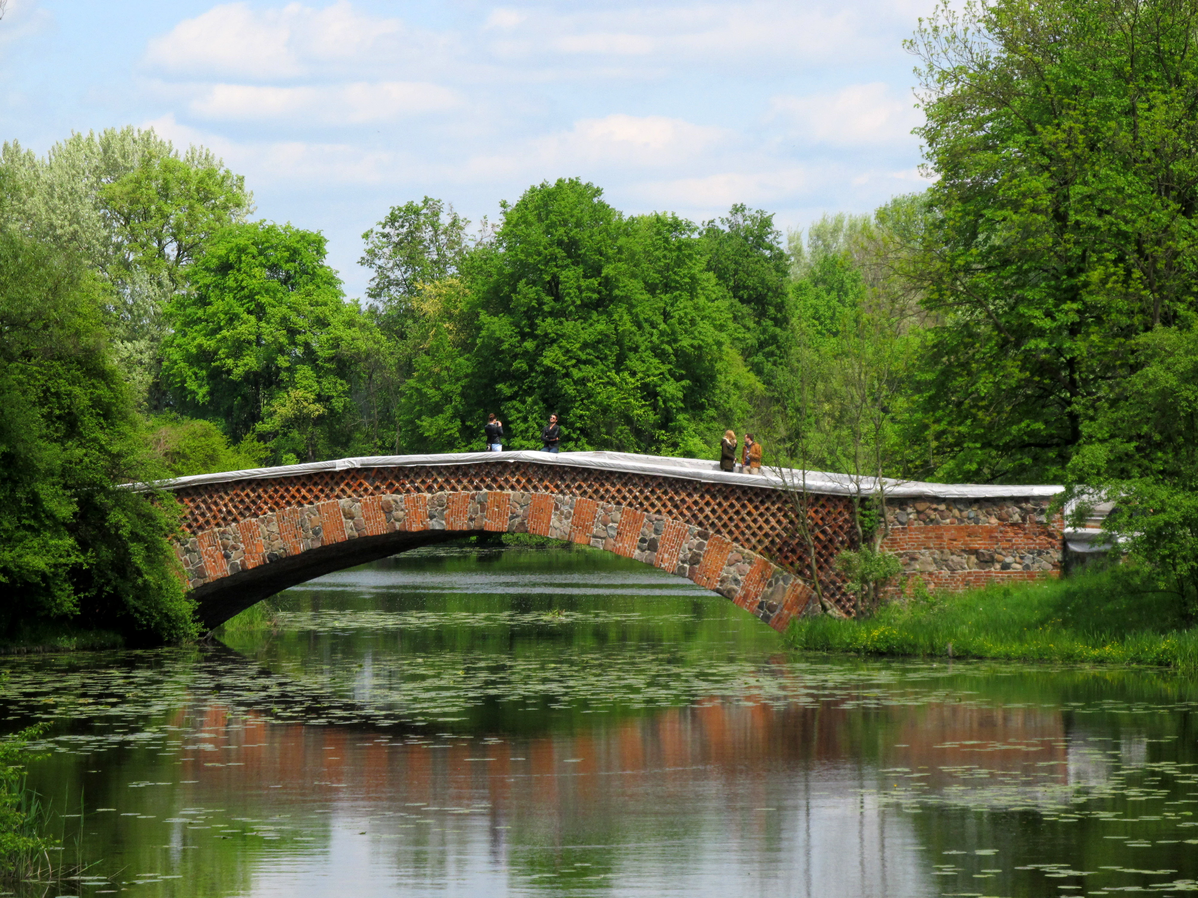 A red brick and stone arched bridge over a calm pond surrounded by dense green trees in Morysin Nature Reserve.