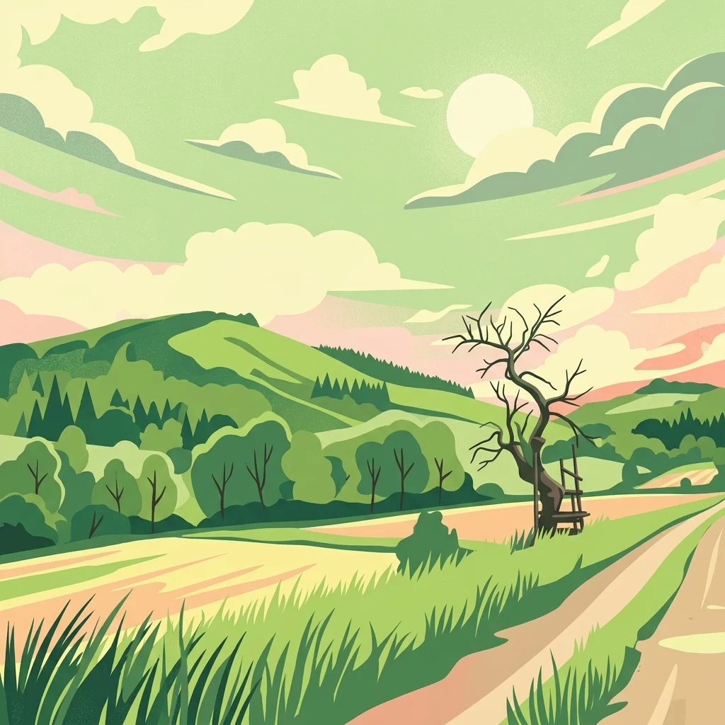 Una ilustración digital que muestra un paisaje verde con colinas onduladas, un camino de tierra y un árbol sin hojas del que cuelga una estructura de madera bajo un cielo nublado.