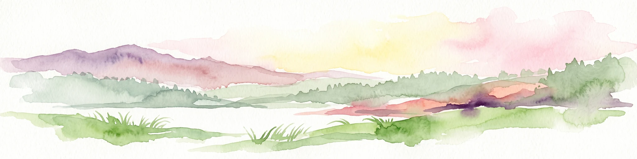A watercolor painting of a soft landscape featuring rolling hills and forested areas under a light pink and yellow sky.