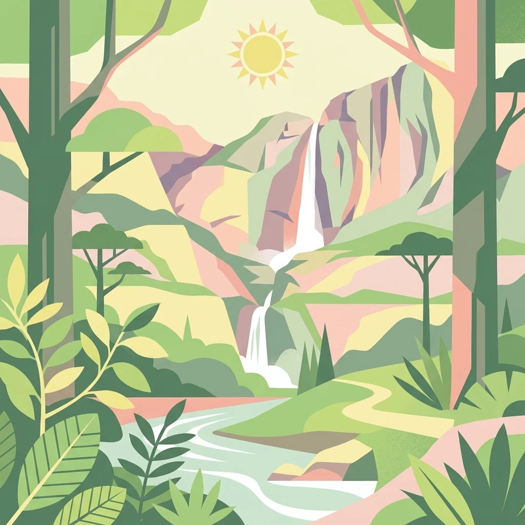 An illustration of a bright landscape featuring a tiered waterfall descending from cliffs into a winding river, framed by foreground trees and foliage under a stylized sun.