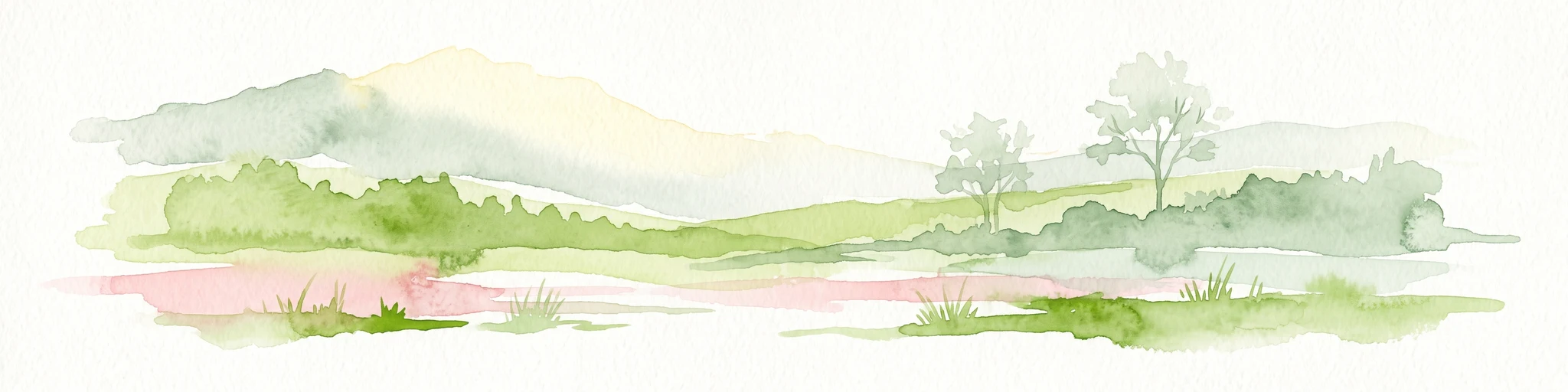 A horizontal watercolor illustration depicting rolling green hills, scattered trees, and soft, muted tones against a plain white background.