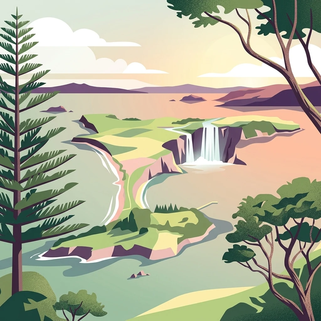 A digital illustration of a scenic island landscape featuring a waterfall plunging into the sea, framed by tall pine and native trees, with coastal hills and surrounding water under a soft sky.