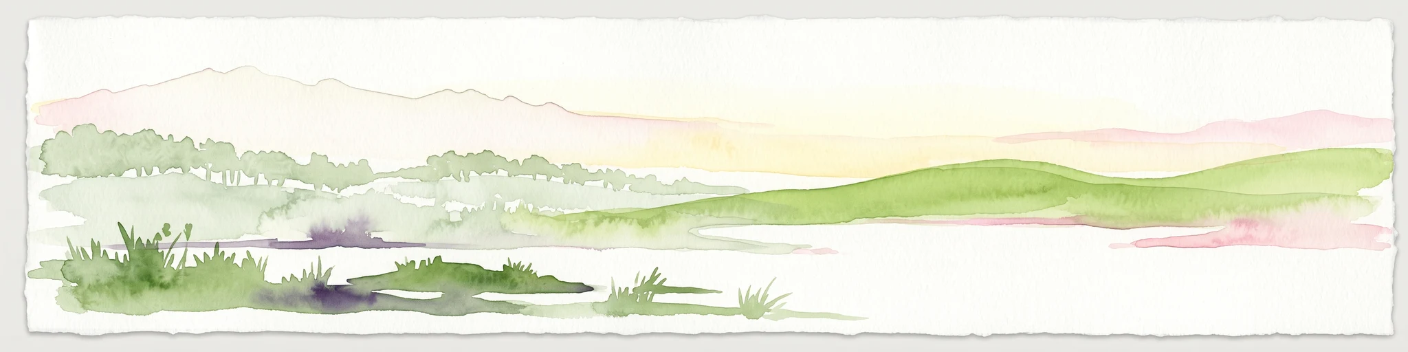 A horizontal watercolor painting of a coastal island landscape with rolling green hills, pale distant mountains, and coastal greenery.