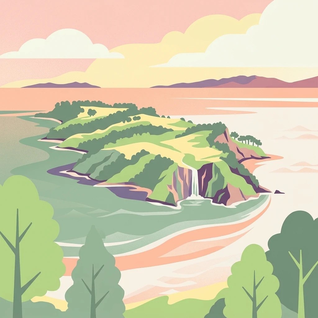 Una ilustración digital estilizada de una isla verde en un mar tranquilo, con una pequeña cascada en su acantilado y un cielo de colores pastel suaves.